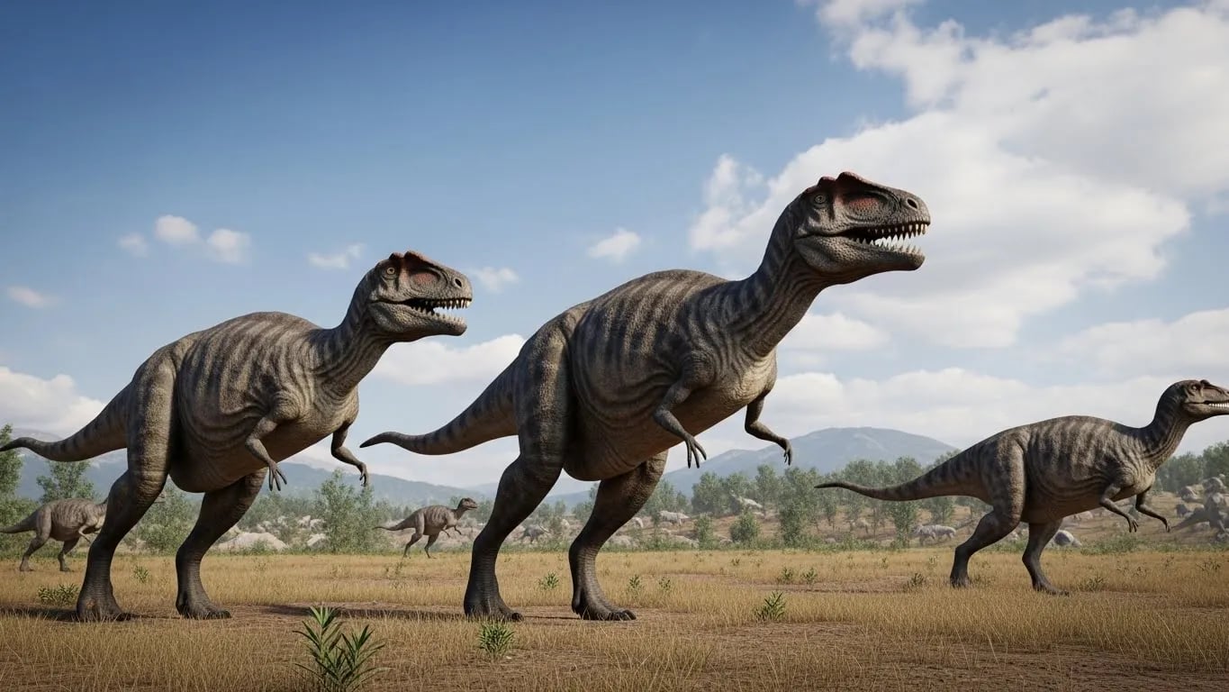 Çayırda yürüyen iki dinozor canlandırması